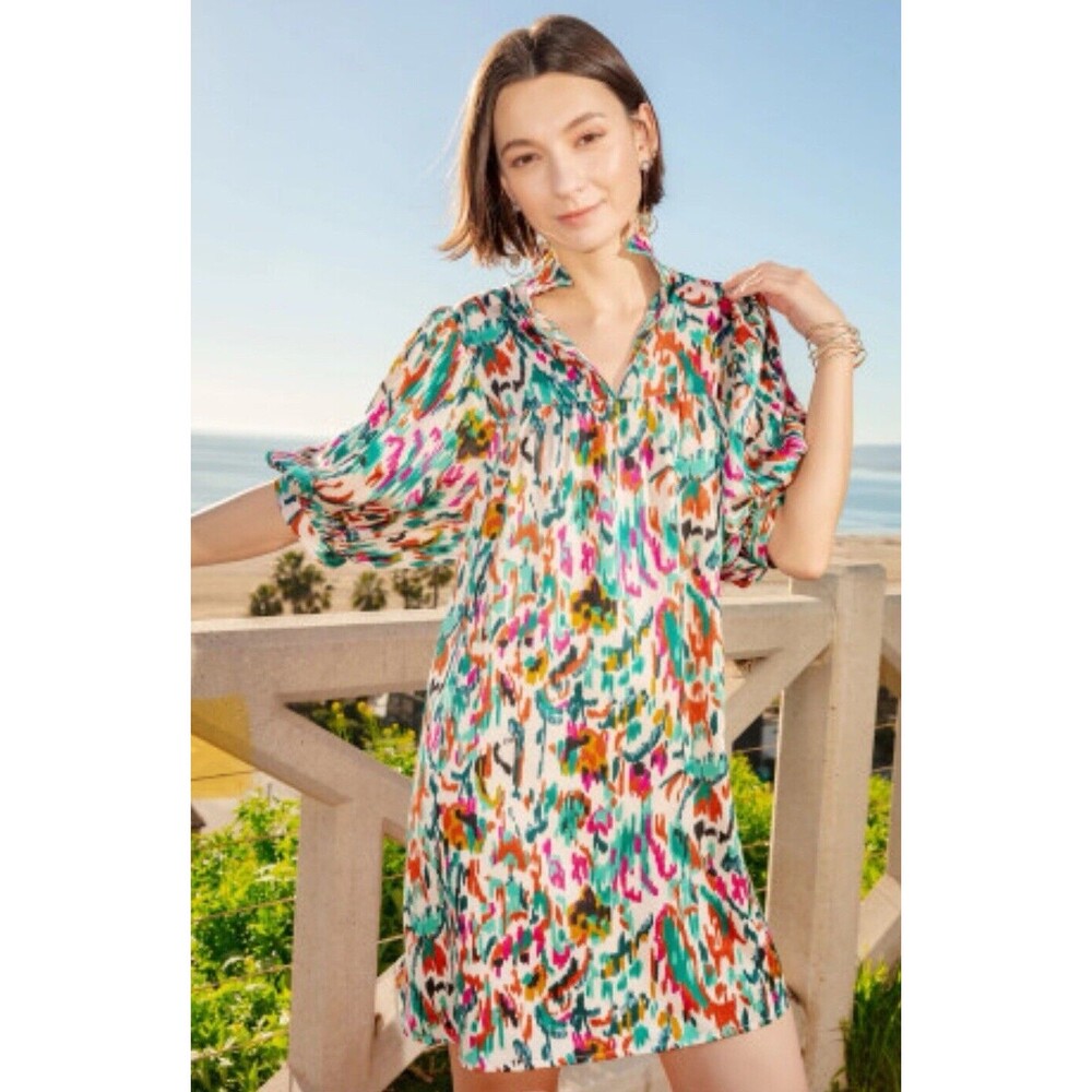 Jade Womens Dress S Static Blooms High Neck Puff Sleeve Mini Length Multicolor